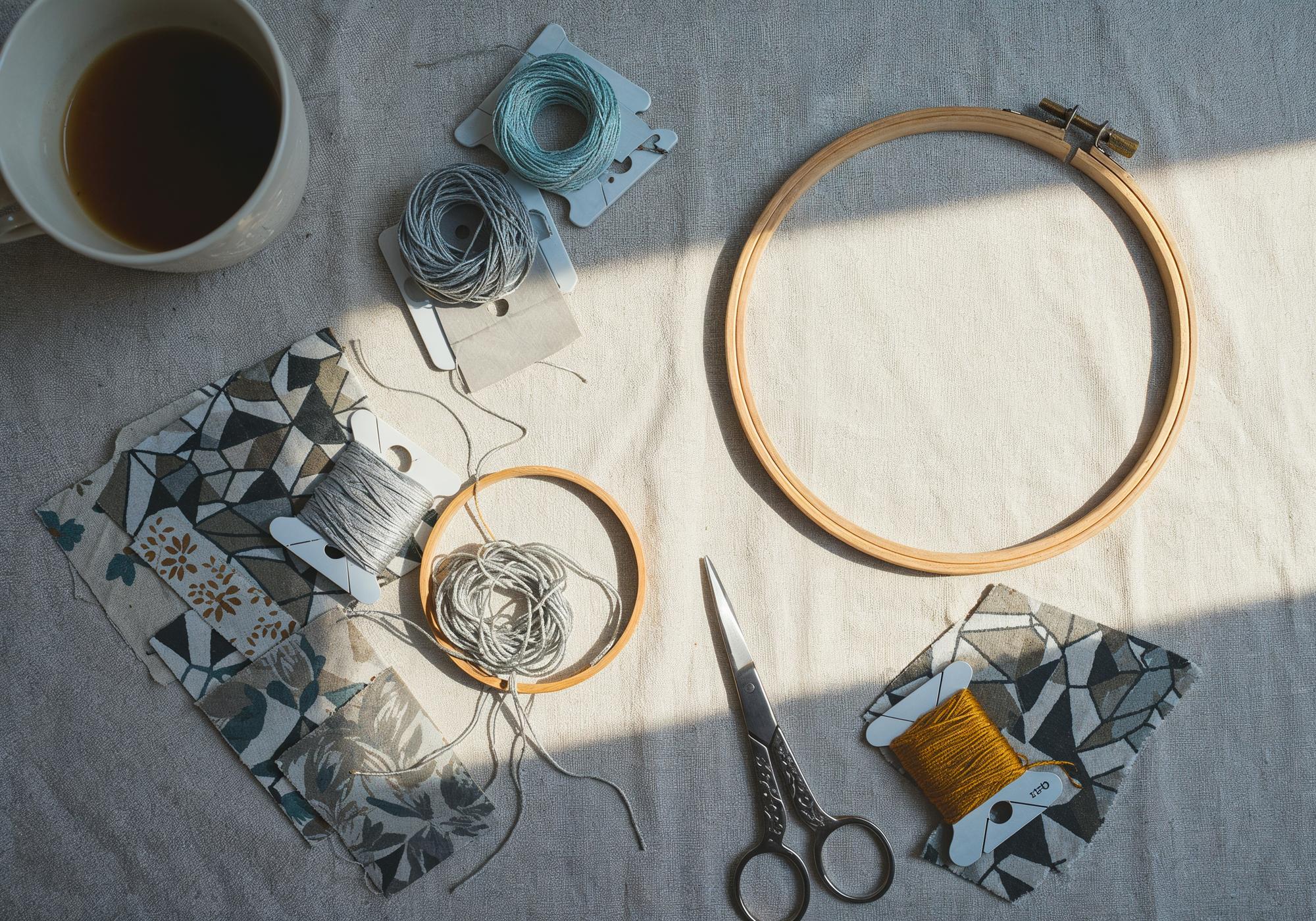 studio table with threads, hoop and patterns